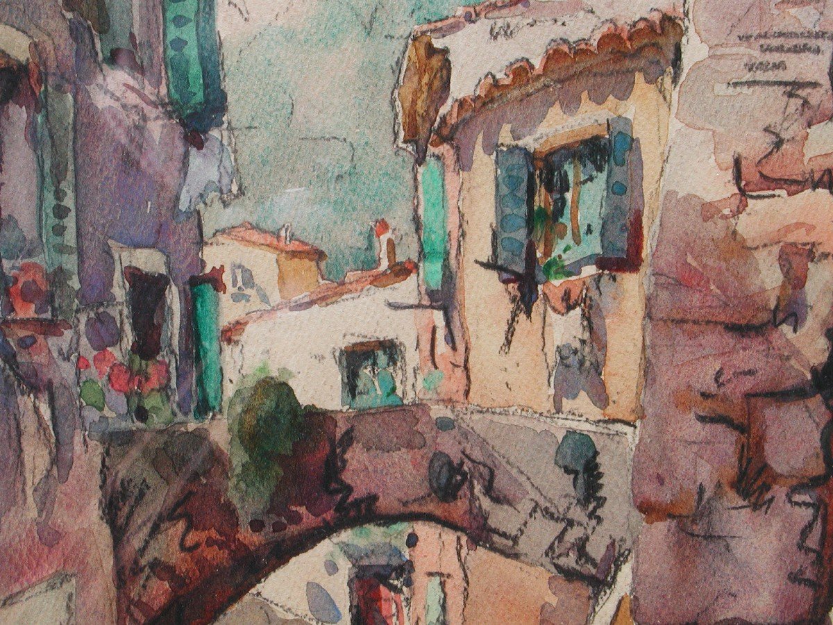 Georges Chappuis "ruelle à Peillon" Watercolor 40x32-photo-1